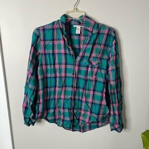 Victorias secret vintage Teal & Pink Plaid Button-Up PJ Shirt size xs